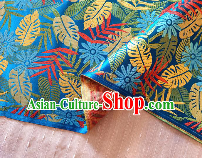 Asian Chinese Traditional Tree Leaf Pattern Design Blue Brocade Cheongsam Fabric Silk Material
