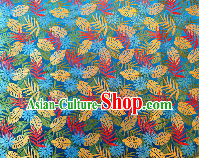 Asian Chinese Traditional Tree Leaf Pattern Design Blue Brocade Cheongsam Fabric Silk Material