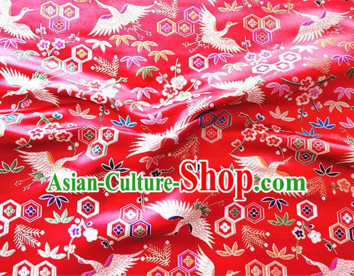 Asian Japan Traditional Plum Crane Pattern Design Red Brocade Damask Fabric Kimono Satin Material