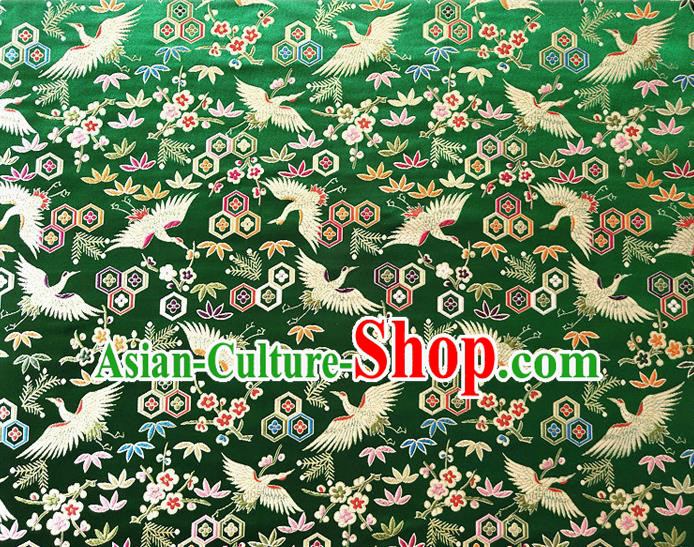 Asian Japan Traditional Plum Crane Pattern Design Green Brocade Damask Fabric Kimono Satin Material