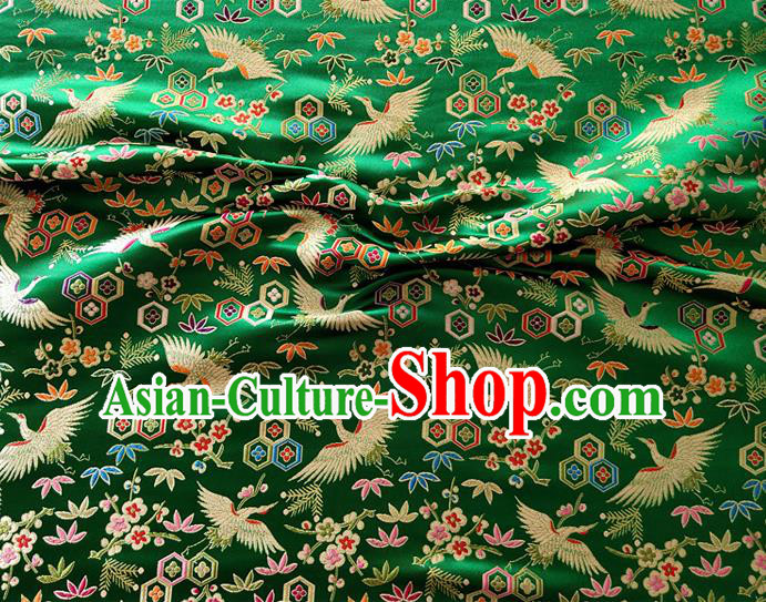 Asian Japan Traditional Plum Crane Pattern Design Green Brocade Damask Fabric Kimono Satin Material