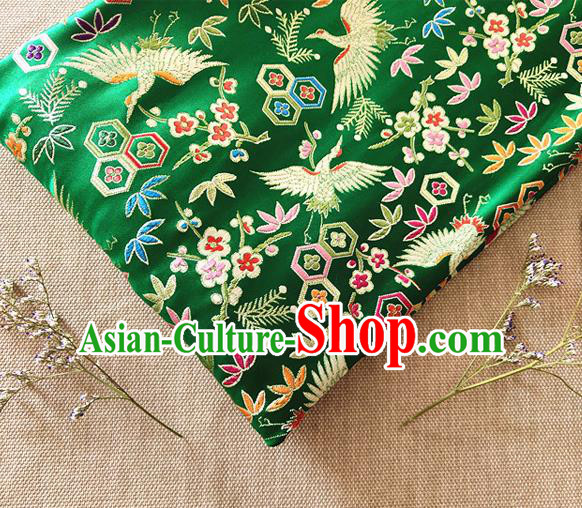 Asian Japan Traditional Plum Crane Pattern Design Green Brocade Damask Fabric Kimono Satin Material