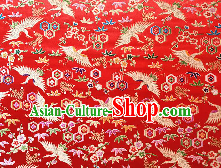 Asian Japan Traditional Plum Crane Pattern Design Red Brocade Damask Fabric Kimono Satin Material