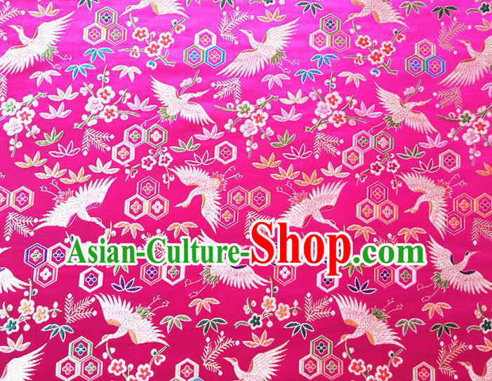Asian Japan Traditional Plum Crane Pattern Design Rosy Brocade Damask Fabric Kimono Satin Material