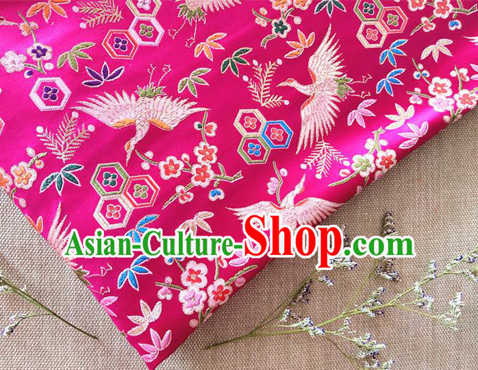 Asian Japan Traditional Plum Crane Pattern Design Rosy Brocade Damask Fabric Kimono Satin Material