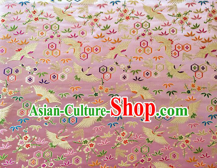Asian Japan Traditional Plum Crane Pattern Design Pink Brocade Damask Fabric Kimono Satin Material