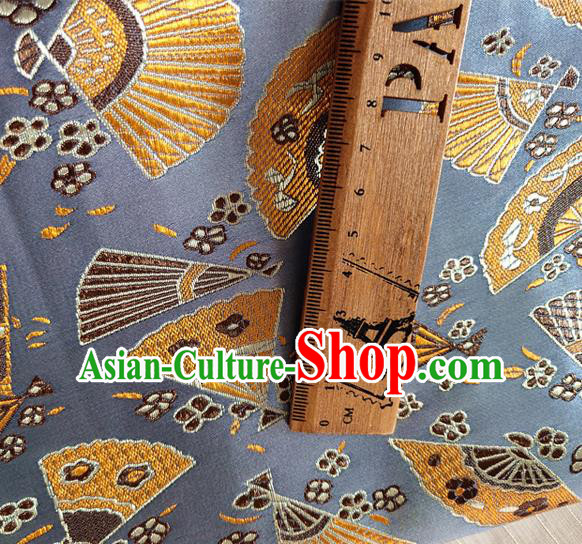 Asian Japan Traditional Folding Fan Pattern Design Blue Brocade Damask Fabric Kimono Satin Material