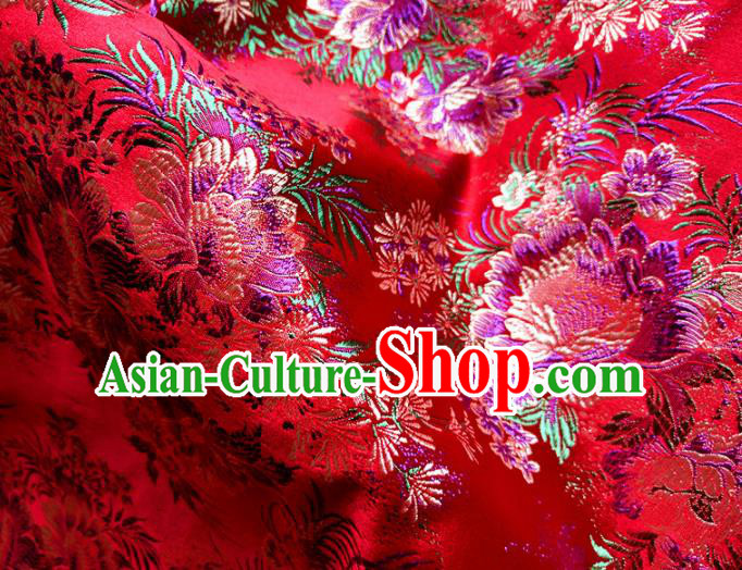 Asian Chinese Traditional Peony Pattern Design Red Brocade Cheongsam Fabric Silk Material