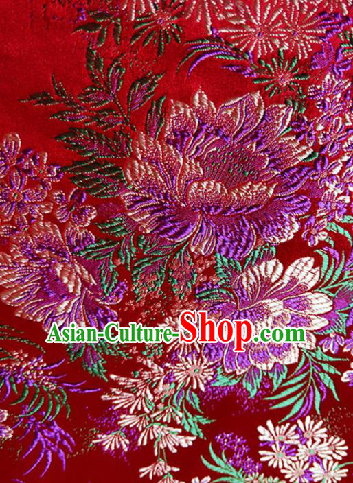 Asian Chinese Traditional Peony Pattern Design Red Brocade Cheongsam Fabric Silk Material