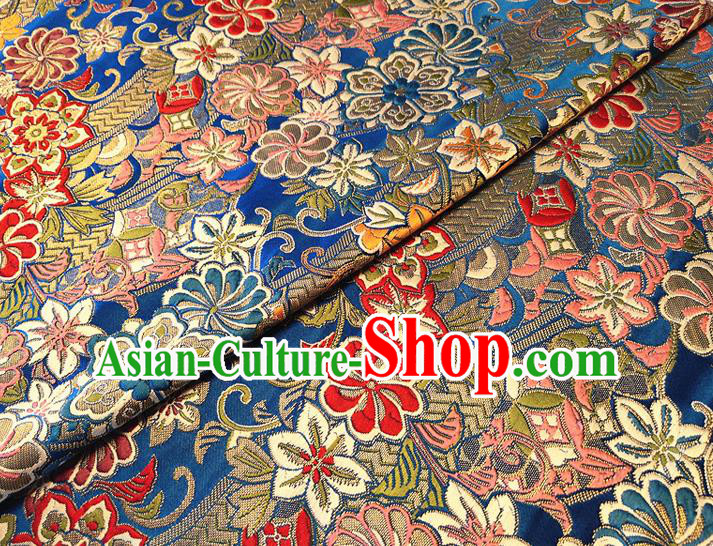 Asian Japan Traditional Sakura Daisy Pattern Design Royalblue Brocade Damask Fabric Kimono Satin Material
