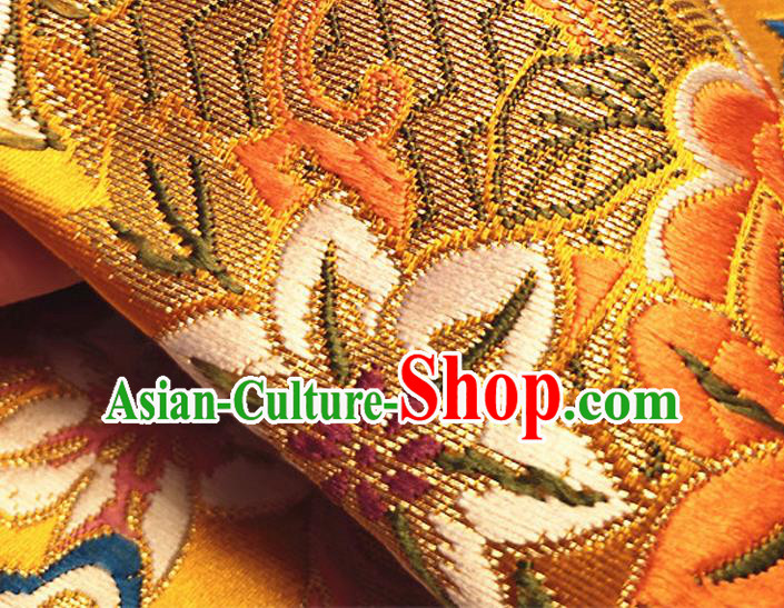 Asian Japan Traditional Sakura Daisy Pattern Design Golden Brocade Damask Fabric Kimono Satin Material