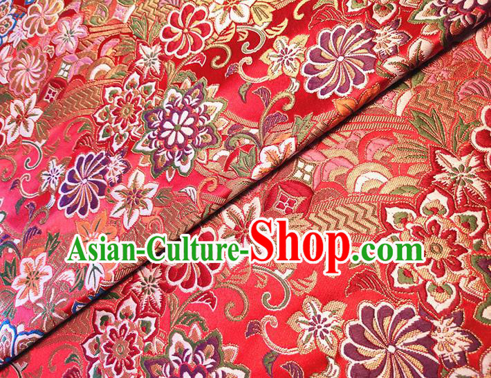 Asian Japan Traditional Sakura Daisy Pattern Design Red Brocade Damask Fabric Kimono Satin Material