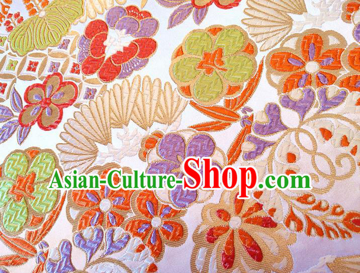 Asian Japan Traditional Banana Flower Pattern Design White Brocade Damask Fabric Kimono Satin Material