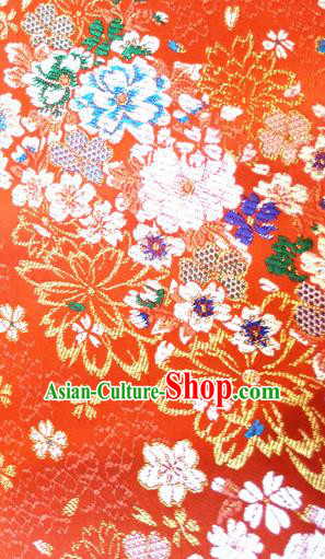 Asian Japan Traditional Sakura Pattern Design Red Brocade Damask Fabric Japanese Kimono Satin Material