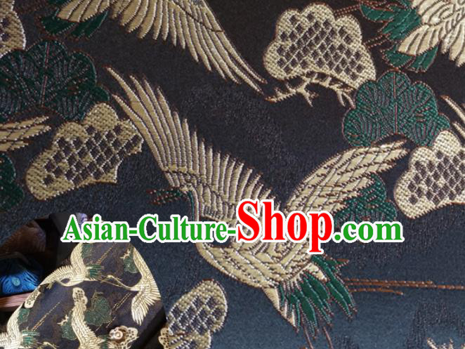 Asian Japan Traditional Cranes Pattern Design Black Brocade Damask Fabric Japanese Kimono Satin Material