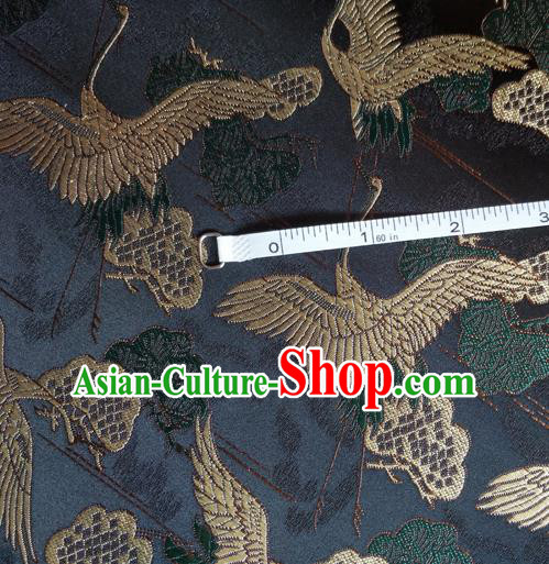 Asian Japan Traditional Cranes Pattern Design Black Brocade Damask Fabric Japanese Kimono Satin Material