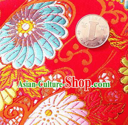Asian Japan Traditional Daisy Pattern Design Red Brocade Damask Fabric Kimono Satin Material