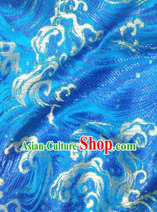 Asian Japan Traditional Wave Pattern Design Blue Brocade Damask Fabric Japanese Kimono Satin Material