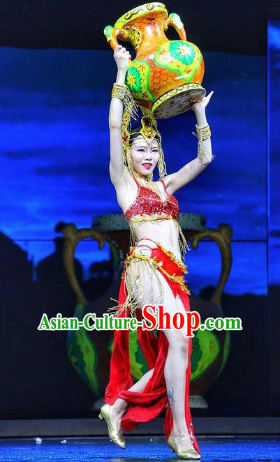 Chinese The Romantic Show of Lijiang Dance Red Dress Stage Performance Costume and Headpiece for Women