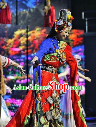Chinese The Romantic Show of Lijiang Zang Nationality Dance Dress Stage Performance Costume and Headpiece for Women