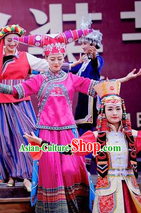 Chinese The Romantic Show of Lijiang Ethnic Nationality Dance Dress Stage Performance Costume and Headpiece for Women