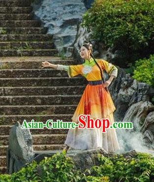 Chinese Love Song of Lijiang Classical Dance Orange Dress Stage Performance Ethnic Costume for Women
