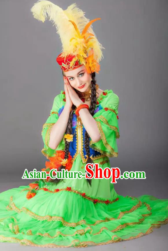 Chinese Back to the Silk Road Kazak Nationality Folk Dance Green Dress Stage Performance Ethnic Costume for Women