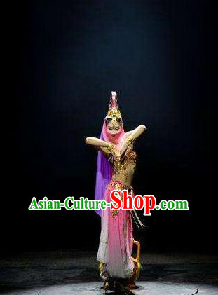 Chinese The Romantic Show of Jiuzhai Dance Pink Dress Stage Performance Costume and Headpiece for Women