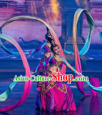 Chinese The Romantic Show of Tanhe Classical Dance Purple Dress Stage Performance Colorful Ribbon Costume for Women