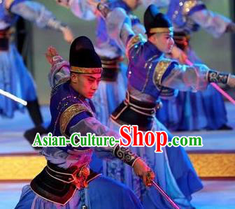 Chinese Chang An Impression Ancient Tang Dynasty Swordsman Stage Performance Blue Costume for Men