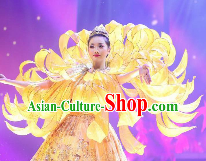 Chinese Back to Song Dynasty Chrysanthemum Dance Yellow Dress Stage Performance Costume for Women