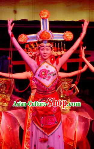 Chinese Lishui Jinsha Zhuang Nationality Dance Dress Ethnic Stage Performance Costume and Headpiece for Women