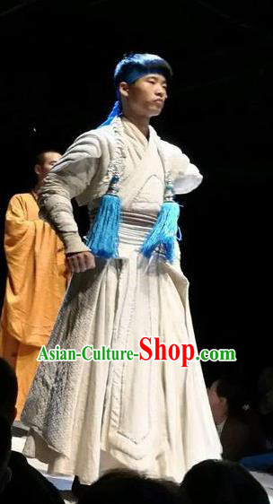 Chinese Encore Dunhuang Tang Dynasty Swordsman White Clothing Stage Performance Dance Costume for Men