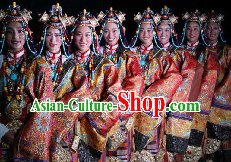 Chinese Encounter Shangri La Impression Tibetan Ethnic Dance Red Robe Stage Performance Costume and Headpiece for Women