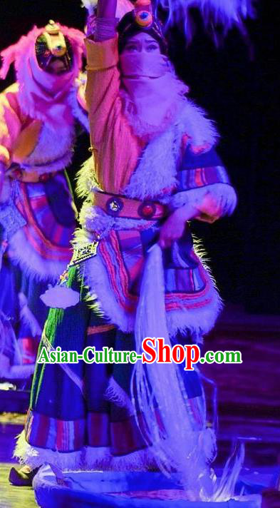 Chinese Encounter Shangri La Impression Zang Ethnic Dance Tibetan Robe Stage Performance Costume and Headpiece for Women