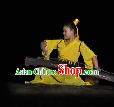 Chinese Shaolin Zen Music Ritual Folk Dance Yellow Dress Stage Performance Costume for Women