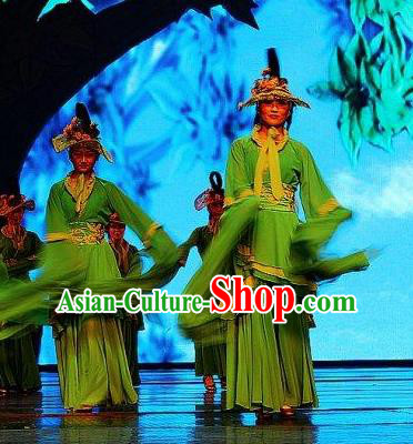 Chinese Picturesque Huizhou Opera Peri Classical Dance Green Dress Stage Performance Costume and Headpiece for Women