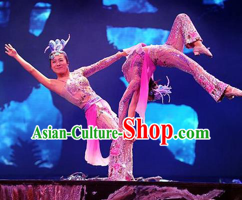 Chinese Charm Xiangxi Nationality Dance Dress Acrobatics Stage Performance Costume and Headpiece for Women