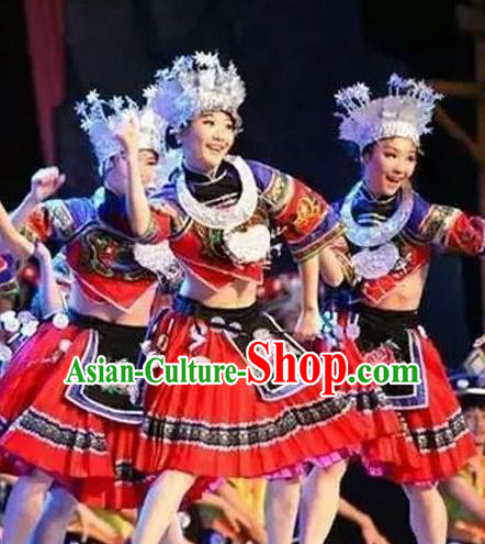 Chinese Charm Xiangxi Tujia Nationality Dance Red Dress Stage Performance Costume and Headpiece for Women