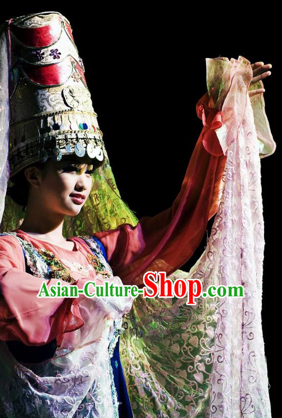 Chinese Oriental Apparel Xibe Nationality Dance Dress Stage Performance Ethnic Costume and Headpiece for Women