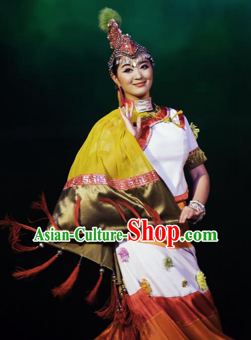 Chinese Oriental Apparel Gelao Nationality Dance Dress Stage Performance Ethnic Costume and Headpiece for Women