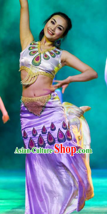 Chinese Oriental Apparel Dai Nationality Peacock Dance Purple Dress Stage Performance Ethnic Costume for Women