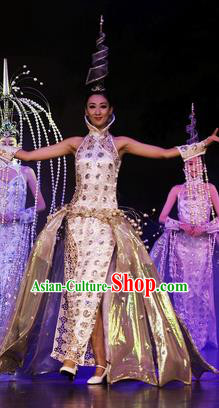 Chinese Oriental Apparel Classical Dance White Dress Stage Performance Ethnic Costume and Headpiece for Women
