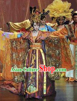 Chinese Oriental Apparel Court Queen Classical Dance Dress Stage Performance Costume and Headpiece for Women