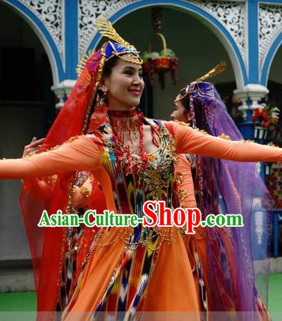 Chinese Oriental Apparel Ozbek Nationality Dance Orange Dress Stage Performance Costume and Headpiece for Women