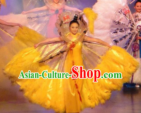 Chinese Oriental Apparel Classical Dance Yellow Dress Stage Performance Costume and Headpiece for Women