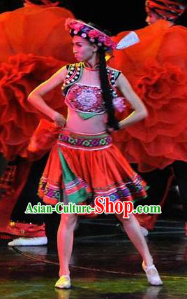 Chinese Charm Xiangxi Tujia Nationality Folk Dance Dress Stage Performance Costume and Headpiece for Women