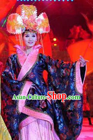 Chinese Dragon Phoenix Dance Han Dynasty Queen Dress Stage Performance Costume and Headpiece for Women