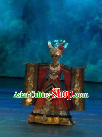 Chinese Wind Of Colorful Guizhou Miao Nationality Dance Dress Stage Performance Costume and Headpiece for Women