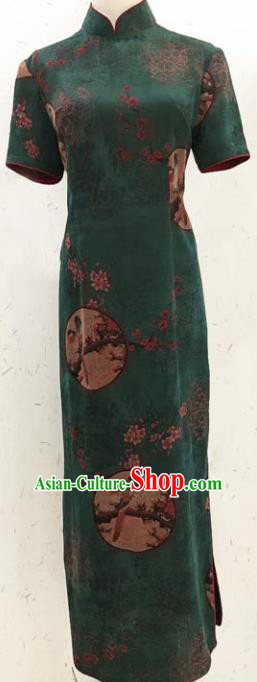 Traditional Chinese Classical Plum Pattern Green Gambiered Guangdong Gauze Silk Fabric Ancient Hanfu Dress Silk Cloth
